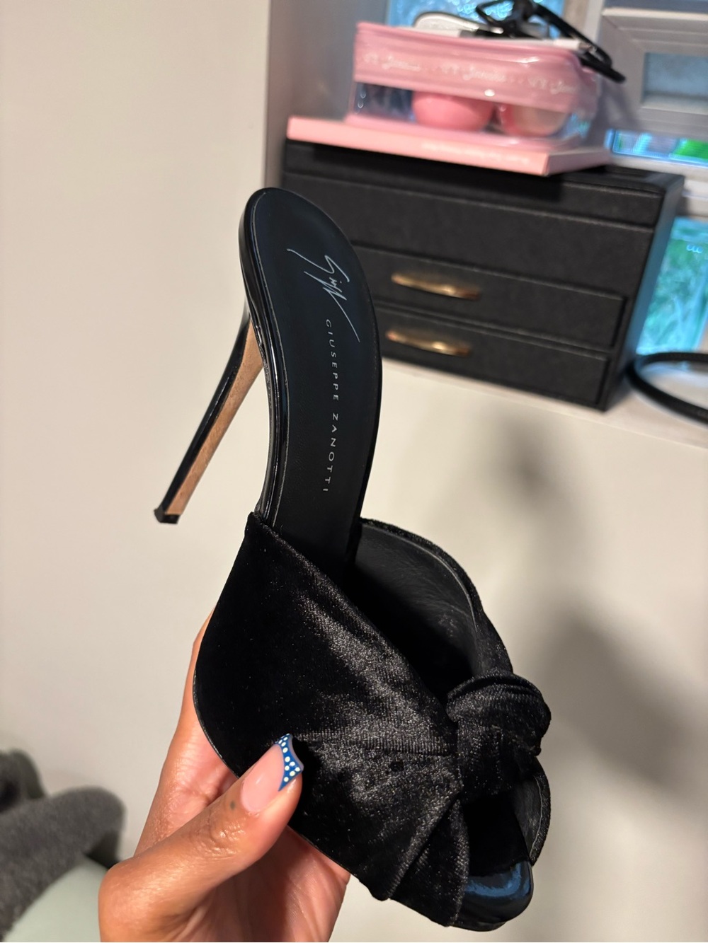 Giuseppe Zanotti Black Velvet Knot Mule Heels with Slim Stiletto
